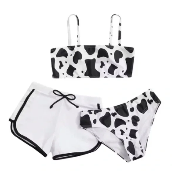 Girls' Swimwear Summer Cute Bikini Cow Print Three-piece Swimsuit High Size 5T - Picture 2 of 4